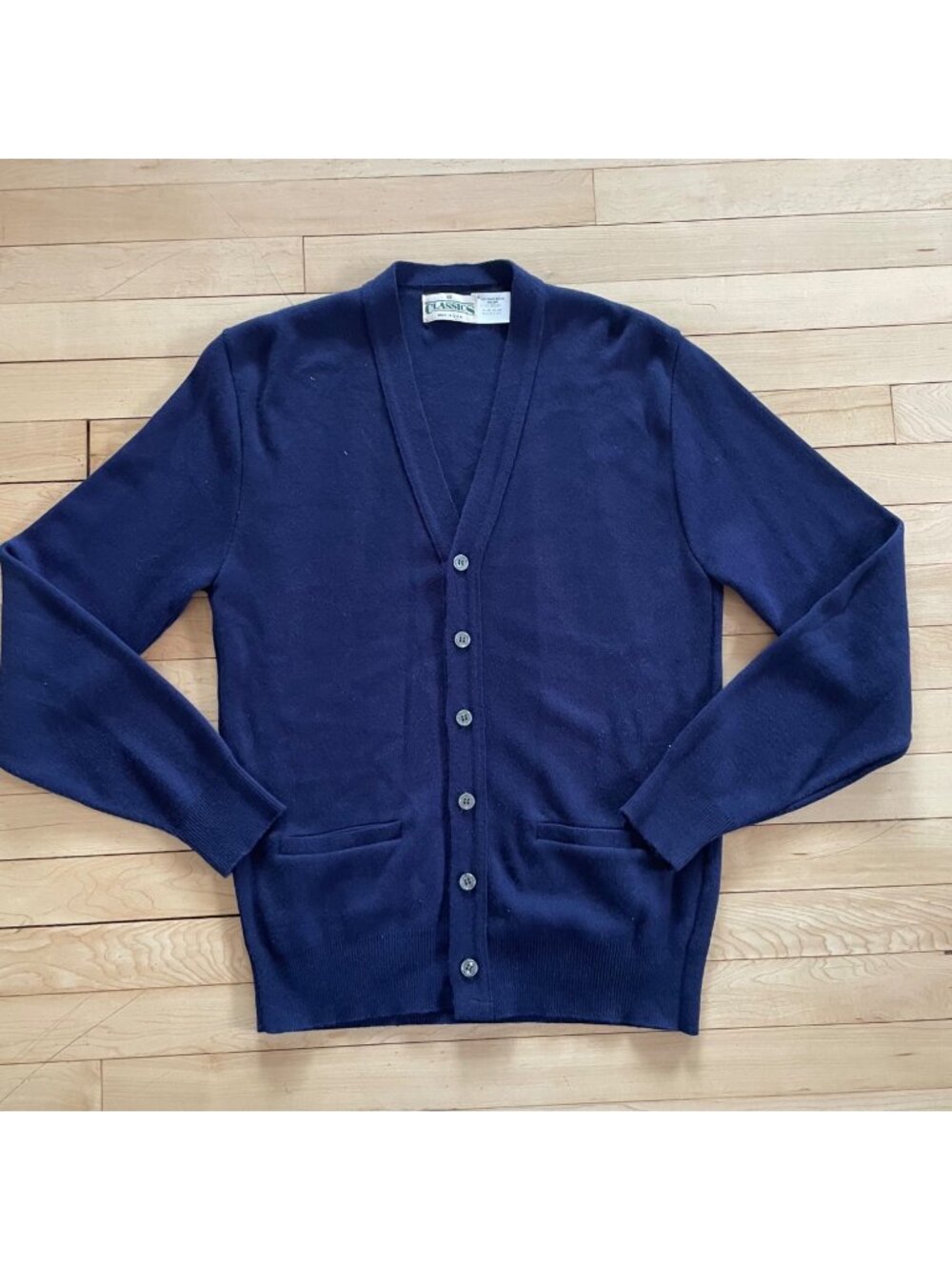Vintage Navy Cardigan Sweater USA Made Mens M 90s Minimalist Grandpa Professor